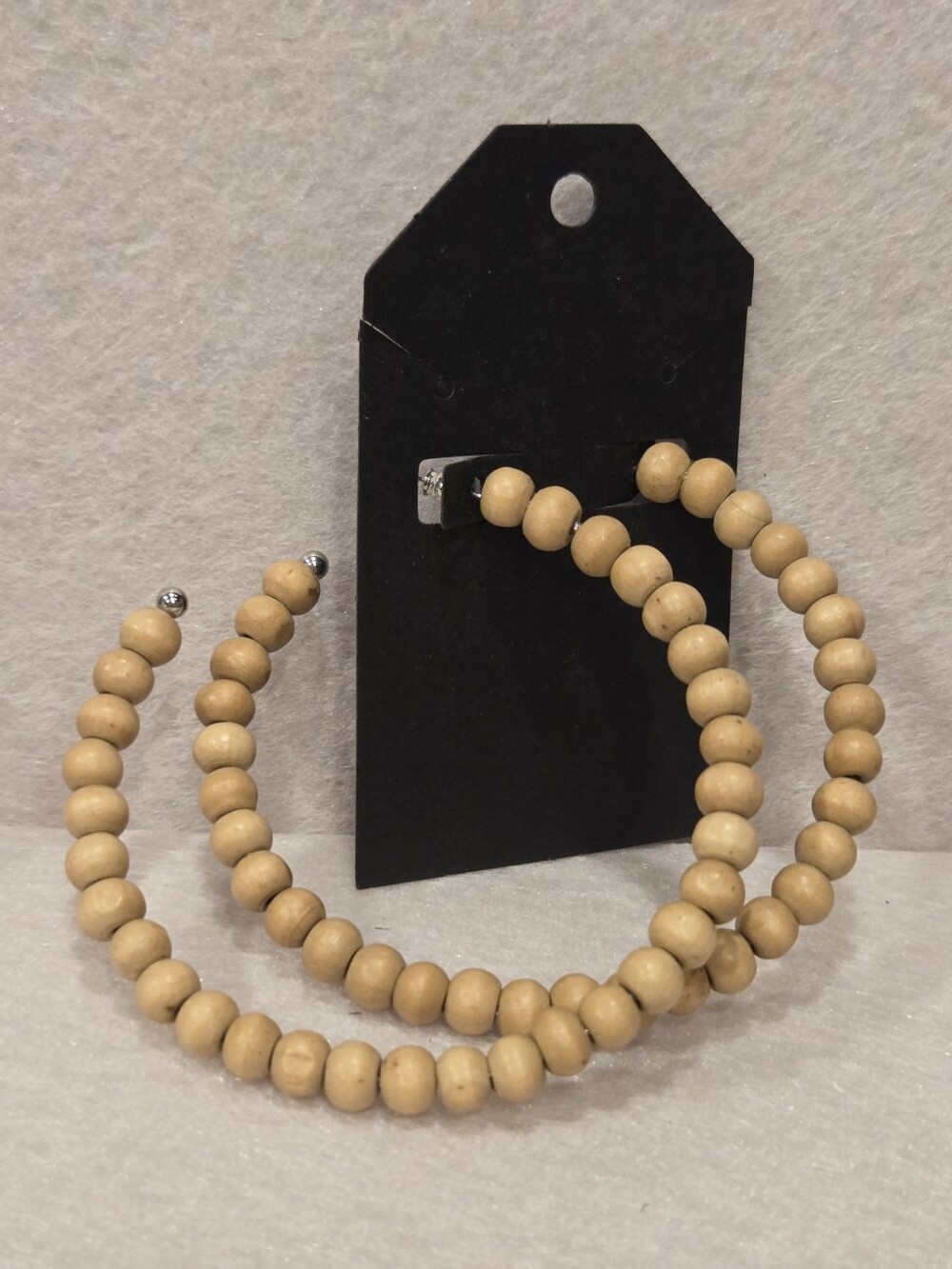 Natural Wood Bead Hoop Earrings - Beige